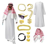 Arabic Costume for Men, Sheik White Robe, Arabian Robe Kit with Headscarf Loose Version Dress Up Accessories Carnival, Theme Parties and Halloween Parties