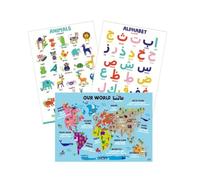 Arabic Educational Posters, Set of 3 A3 Prints, Alphabet, Animals and World Map with Transliteration