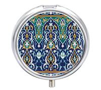 Arabic Floral Border Traditional Islamic Mosque Decorative Elements Iron Pill Box Case Organizer with Internal Separate Plastic Dividers, Travel Small Medicine Bag Holder Carrier Round Container