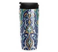 Arabic Floral Border Traditional Islamic Mosque Decorative Elements Plastic Water Bottle Tumblers, Leak-Proof Hot Cold Insulated Travel Mug, Double Walled Coffee Cup with Lid Funny Gifts 8.8oz