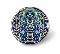 Arabic Floral Border Traditional Islamic Mosque Decorative Elements Round Brooch Pin, Unisex Smooth Surface Lapel Tie Pin, Lightweight Badge Jewelry Crafts Decor for Costume Accessory Men Women
