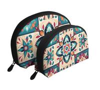 Arabic Indian Checked Pattern Portable Shell Cosmetic Bag Set - Travel Makeup Organiser with Zipper & Inner Compartments