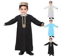 Arabic Muslim Robe White Thobe Long Sleeve Button-Down Boys Jubba Embroidered Kaftan Eid Gifts for Boys Crew Robe National Costume for Ramadan Festivals and Community Celebrations
