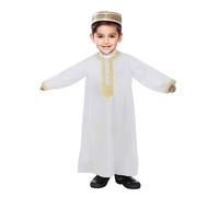 Arabic Muslim Robe White Thobe Long Sleeve Button-Down Boys Jubba Embroidered Kaftan Eid Gifts for Boys Crew Robe National Costume for Ramadan Festivals and Community Celebrations
