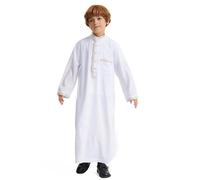 Arabic Thobe Muslim Thobe Long Sleeve Kaftan Crew Robe National Costume Teenage Boys Long Sleeve Embroidered Robe Set Arab Children's Wear M3 (White, 7-8 Years)