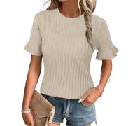 Arach&Cloz Jumpers for Women UK Ruffle Short Sleeve Crew Neck Ladies Knitted Spring Summer Tops Sweater Apricot, S
