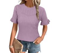 Arach&Cloz Jumpers for Women UK Ruffle Short Sleeve Crew Neck Ladies Knitted Spring Summer Tops Sweater Grey Purple, S