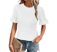 Arach&Cloz Jumpers for Women UK Ruffle Short Sleeve Crew Neck Ladies Knitted Spring Summer Tops Sweater White, L
