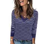 Arach&Cloz Women 2025 Fashion V Neck Long Sleeve Shirts Blouse Knit Casual Pullover Spring Sweater Top Cozy Clouds XS-3XL, Striped Navy White, M