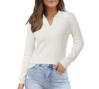 Arach&Cloz Women's Jumper Fall Winter Soft Wool Blend Long Sleeve Polo Knit Tops Sweater Shirts(Off White, L)