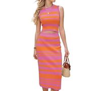 Arach&Cloz Women's Non See Through 2 Piece Sets Early Fall Tank Top and Midi Skirt Knit Outfits, Dark Orange Pink, S
