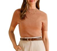 Arach&Cloz Womens Tops Seamless Soft Business Jumpers Wool Blend Knit Short Sleeve Basic Top Work Outfits(Camel, XXL)