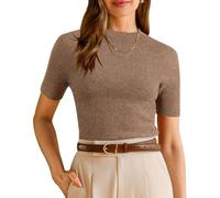 Arach&Cloz Womens Tops Seamless Soft Business Jumpers Wool Blend Knit Short Sleeve Basic Top Work Outfits(Coffee, L)