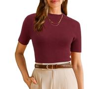 Arach&Cloz Womens Tops Seamless Soft Business Jumpers Wool Blend Knit Short Sleeve Basic Top Work Outfits(Dark Red, XXL)