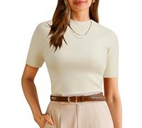 Arach&Cloz Womens Tops Seamless Soft Business Jumpers Wool Blend Knit Short Sleeve Basic Top Work Outfits(Off-White, XL)