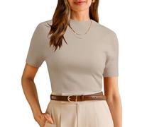 Arach&Cloz Womens Tops Seamless Soft Business Jumpers Wool Blend Knit Short Sleeve Basic Top Work Outfits(Beige, S)
