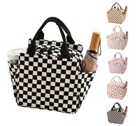 Arae Corduroy Insulated Lunch Bag Large Reusable Tote with Side Pockets Cooler Box for Work Picnic Travel Water Bottle Holder Collapsible Portable - Black White Checkered