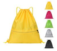 Arae Drawstring Backpack Bag with Front Pocket Waterproof Oxford Cloth, Lightweight Gym Sack for Sports and Travel (Yellow, Large)