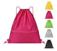 Arae Drawstring Backpack Bag with Front Pocket Waterproof Oxford Cloth, Lightweight Gym Sack for Sports and Travel (Rose Red, Small)