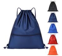 Arae Drawstring Backpack Bag with Front Pocket Waterproof Oxford Cloth, Lightweight Gym Sack for Sports and Travel (Dark Blue, Large)