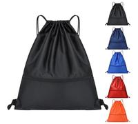 Arae Drawstring Backpack Bag with Front Pocket Waterproof Oxford Cloth, Lightweight Gym Sack for Sports and Travel (Black, Small)