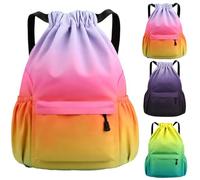 Arae Drawstring Backpack Bag with Front Pocket Waterproof Oxford Cloth, Lightweight Gym Sack for Sports and Travel (Rainbow, Large)