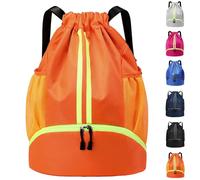 Arae Drawstring Backpack Gym bag with Shoe Compartment & Wet-Proof Pocket Sports Bag for Basketball, Soccer, Swim Travel (Striped Orange)