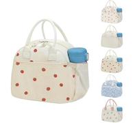 Arae Insulated Corduroy Lunch Bag for Women Reusable Thermal Food Box with Side Pocket Large Capacity Leakproof Tote for Work Picnic - Strawberry Print