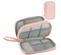 Arae PU Leather Travel Essentials Electronic Organizer - Double Layer, Waterproof Case for Cables, Chargers & More - Portable, Shockproof Pouch for All Electronics Accessories (Leather Pink, M)