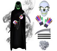 Aragallant Grim Reaper Costume, Reaper Cape Set with Scythe, Glow Skeleton Mask, Glow Gloves and Chain, Cape Black with Hood, Luminous Costume Grim Reaper Robe for Party, Carnival, Cosplay
