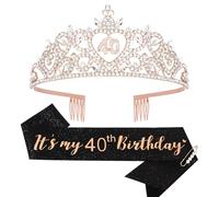 Araluky 40th Birthday Crown & Sash for Women - Gold, Modern Style with Rhinestone, One Size Fits Most, Ideal for Birthday Parties & Celebrations