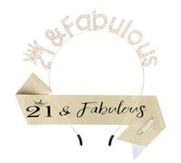 Araluky Happy 21st Birthday Decorations for Her with 21st Birthday Sash and Crown, Rhinestone 21 Fabulous Birthday Headband 21st Birthday Crown and Sash 21st Birthday Gifts for Her Set-Gold
