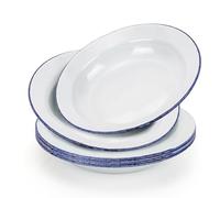 Aramanara 6 Pcs Traditional Enamel Plates, Retro Large Deep Serving Plates, 9.4 Inch Round White Body with Blue Rim Dinner Plate for Salad, Pasta, Camping