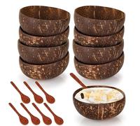 Aramanara 8 Pcs Wooden Coconut Bowls and Spoons, 350 ml Coconut Shell Bowls | Natural Coconut Bowls with 8 Wooden Spoon, Polished Coconut Bowl for Vegan Organic Salad, Milk Shake, Fruit, Dessert, Drinks