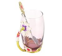 Aramox Glass Cup Handmade Enamel Tea Mug with Spoon and Cloth Floral Coffee Cup for Hot and Cold Drinks Home Office Restaurant Birthday (Green Chrysanthemum 350ML)