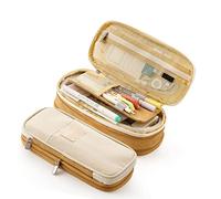 Aramox Reusable Canvas Pencil Pouch with Large Storage Space for Primary and Secondary School Students - Convenient Stationery Box, Yellow (Light Khaki Beige)