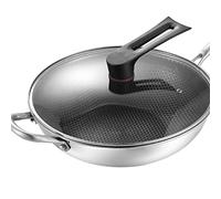 Aramox Stainless Steel Wok, 3 Layer Stainless Steel Wok Pan with Double Sided, No Coating, Less Smoke, Easy Cleaning, Light Oil Cooking for Home Kitchen Use (34cm/13.4in (with Cover and Ears))