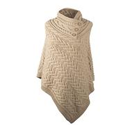 Aran Cable Button Shawl Neck Poncho (Oatmeal)