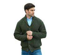 Aran Crafts Irish Men's Ribbed Shawl Cardigan, 100% Merino Wool, Authentic & Traditional Feel, Classic Sweater-Style Knit Designs, Made in Ireland. (SH4627-SM-AGRE) Army Green