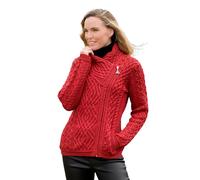 Aran Crafts Irish Women's Side Zip Cardigan Sweater, 100% Merino Wool, Authentic & Traditional, Cherry Red Cable Knit Design, Celtic Knot Zipper and Insert Pockets, Made in Ireland (Z4630-MED-RED)
