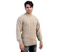 Aran Crafts Men's Basket Stitch Crew Neck Sweater, 100% Wool, Authentic & Traditional, Classic Fisherman Sweater-Style Knit, Made in Ireland, C5137-XL-SKI