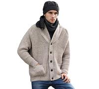 Aran Crafts Men's Irish Cable Knitted Wool Ribbed Collared Neck Long Sleeve Shawl Cardigan (SH4627-SM-OAT)