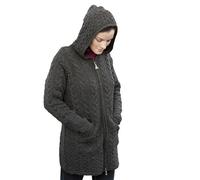 Aran Crafts Women's Irish Cable Knitted Wool Hooded Zip Coat (HD4025-XS-CHAR) Charcoal