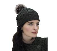 Aran Crafts Women's Irish Cable Knitted Wool Soft Pom Faux Fur Hat (X4844-AGRE) Army Green