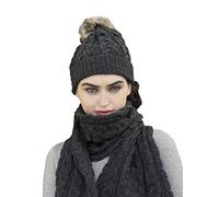 Aran Crafts Women's Irish Cable Knitted Wool Soft Pom Faux Fur Hat (X4844-CHAR) Charcoal