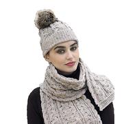 Aran Crafts Women's Irish Cable Knitted Wool Soft Pom Faux Fur Hat (X4844-OAT)