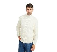 Aran Irish Sweater for Men's High Neck 100% Supersoft Merino Wool Cable Knitted Pullover Made in Ireland, Natural, XL
