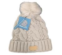 Aran Ladies Pom Pom Hat | Traditional Irish Cable Knit Wool Blend Winter Beanie | Warm, Soft & Stylish Cold Weather Accessory for Women | Classic Aran Knit Design with Cozy Faux Fur Pom Pom Khaki