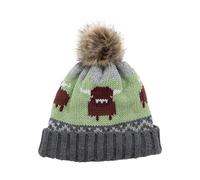 Aran Traditions Knitted Highland Cow Pom Pom Hat, One Size, Unisex Hat (UK, Alpha, One Size, Steel Grey)
