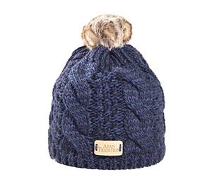 Aran Traditions Warm Winter Cable Knit Faux Fur Bobble Beanie Hat (Navy)